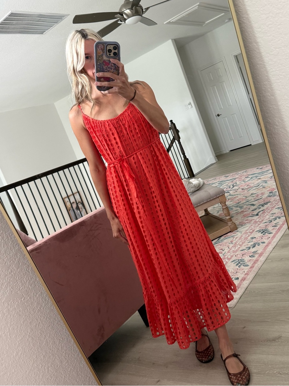 J Crew Oval Eyelet Midi Dress Large Flaming Coral XXS